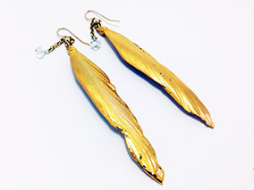Earrings 24k Electroplated Feathers and Swarovski Crystals