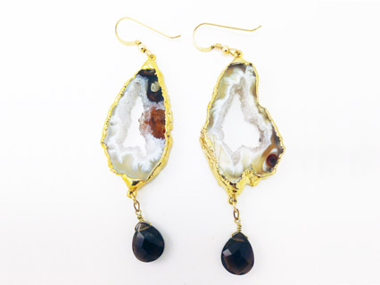 Earrings Sliced Geode Agate and Smoky Quartz